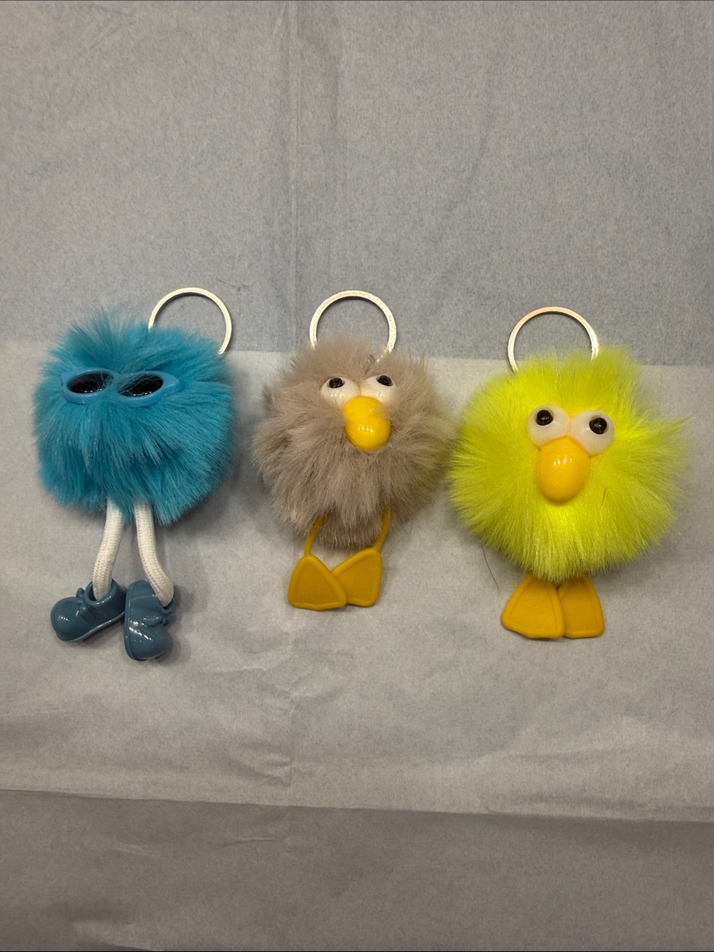 Plush Fuzzy Bird Pet Toy Keychain - Blue, Taupe, Yellow